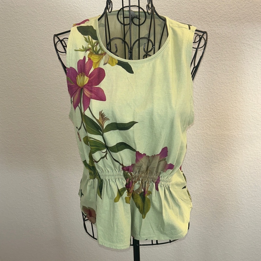 Anthropologie Green Floral Cotton Gathered Tank Top - Picture 3 of 10